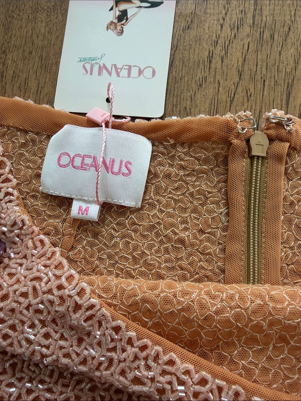 Oceanus Melodie Hand Embellished Co-Ord Skirt in Peach Beaded Lemon Mini - Picture 5 of 6